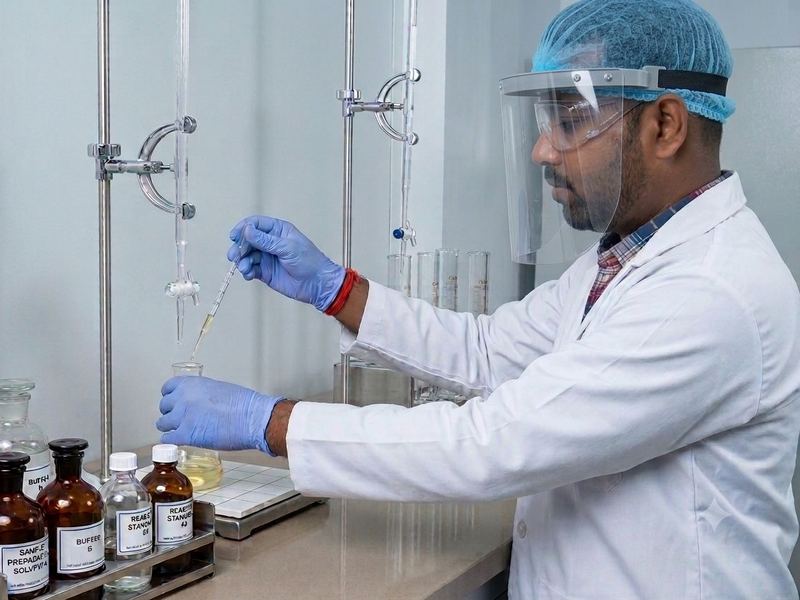 Wet analysis in the laboratory. Sample preparation in the works laboratory, in face shield, gloves and coat. Our laboratory is not NABL-accredited; where a specification calls...